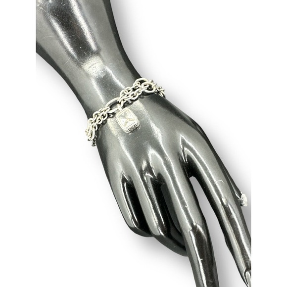 Dangle CZ Double Chain Bracelet Silver Tone Toggle Clasps - Picture 2 of 6